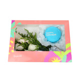 Birthday Gift Box - White Bloom and Blue Round Mini Cake مجموعه عيد الميلاد مكونه من بوكيه ورد أبيض وكيكه ميني زرقاء