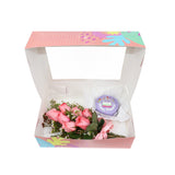 Birthday Gift Box - Pink Bloom and Purple Round Mini Cake مجموعه عيد الميلاد مكونه من بوكيه ورد وردي وكيكه ميني بنفسجيه