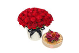 Roses Bucket & Gold Chocolate Round Tray Combo مجموعة باقة ورد + علبه شوكولاتة