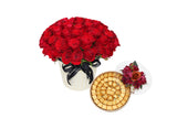 Roses Bucket & Gold Chocolate Round Tray Combo مجموعة باقة ورد + علبه شوكولاتة