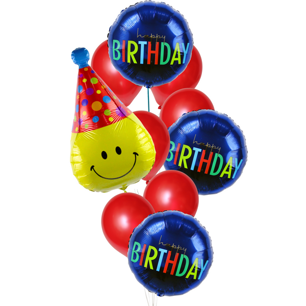 Birthday Balloon Bouquet - Blue & Smiley Hat مجموعه من البالونات لعيد ميلاد مع وجه مبتسم