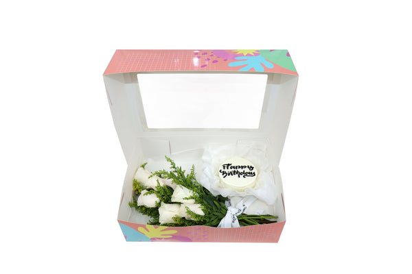 Birthday Gift Box - White Bloom and White Round Mini Cake مجموعه عيد الميلاد مكونه من بوكيه ورد ابيض وكيكه ميني