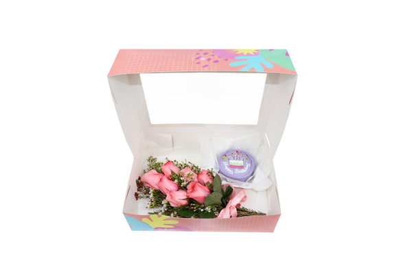 Birthday Gift Box - Pink Bloom and Purple Round Mini Cake مجموعه عيد الميلاد مكونه من بوكيه ورد وردي وكيكه ميني بنفسجيه