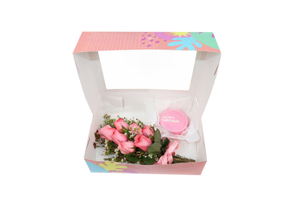 Birthday Gift Box - Pink Bloom and Pink Round Mini Cake مجموعه عيد الميلاد مكونه من بوكيه ورد وردي وكيكه ميني وردي