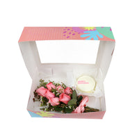 Birthday Gift Box - Pink Bloom and White Round Mini Cake مجموعه عيد الميلاد مكونه من بوكيه ورد وردي وكيكه ميني بيضاء