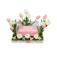 Acrylic Box with Cake and Artificial Flowers I - صينيه اكريليك مع كيك و ورد صناعي