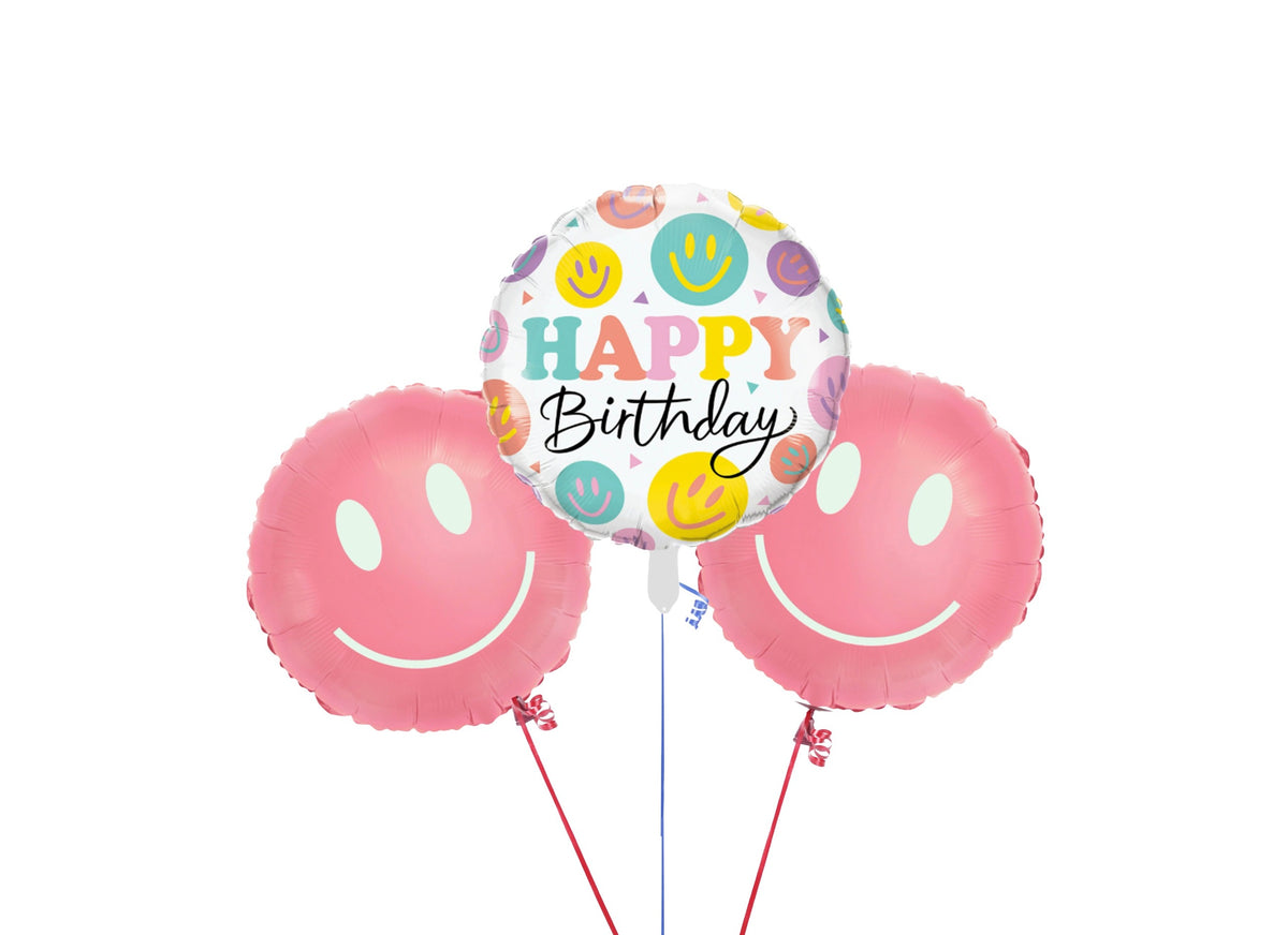 Pink Happy Face Happy Birthday Balloon Bouquet باقة بالونات عيد ميلاد ...