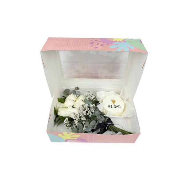 Father's Day Gift Box - White Blooms and #1 DAD Mini Cake صندوق هدايا ليوم الأب  ورد أبيض وميني كيك