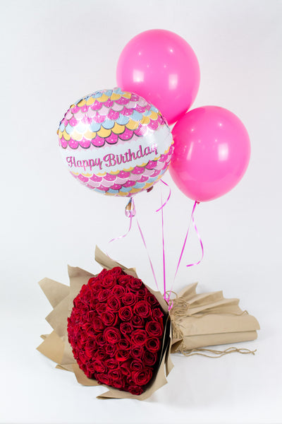 Roses & Birthday Balloons - ورود حمراء مع بالون يوم ميلاد